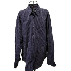 Bugatchi Uomo Shirt XL Men's Classic Navy Blue Stitched Pinstripe Long Sleeve